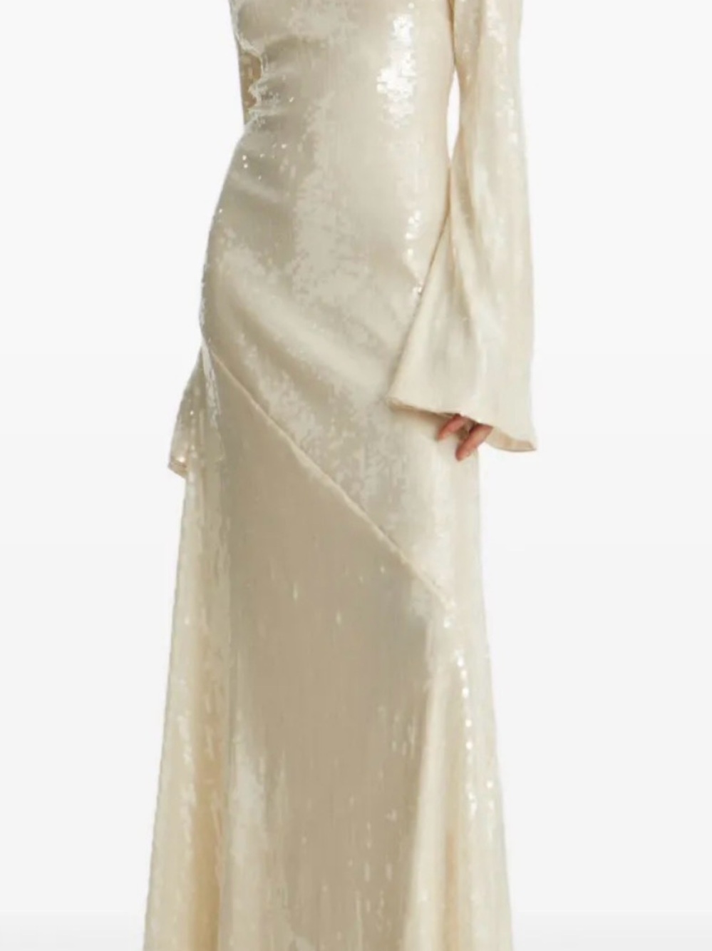 Sequin Cream Maxi Dress with Flared Long Sleeves